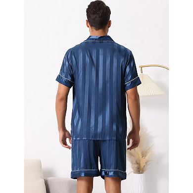 Men Satin Button Down Striped Short Sleeve and Shorts Pajama Set