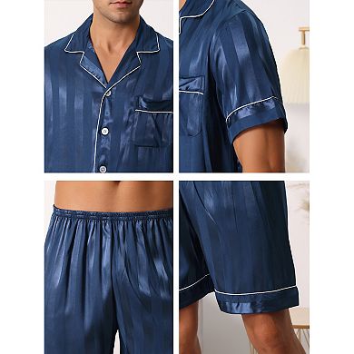 Men Satin Button Down Striped Short Sleeve and Shorts Pajama Set