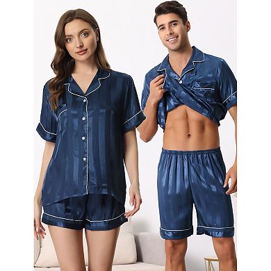 Men Satin Button Down Striped Short Sleeve and Shorts Pajama Set