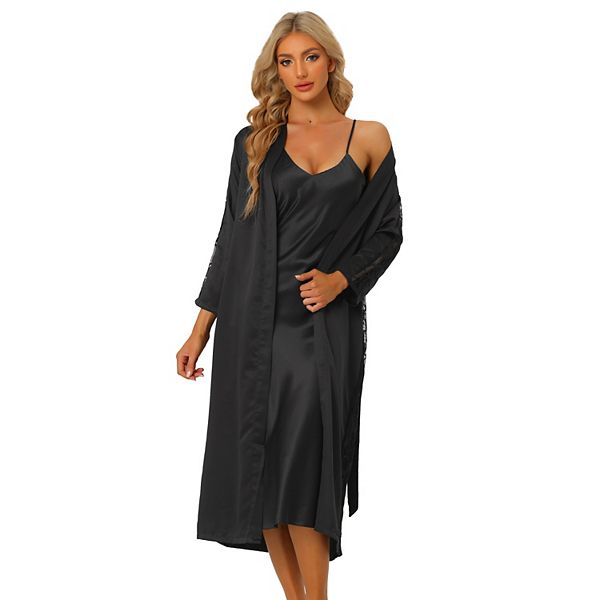 Women Satin Nightwear Robe And Nightgown Set Lace Long Sleeve