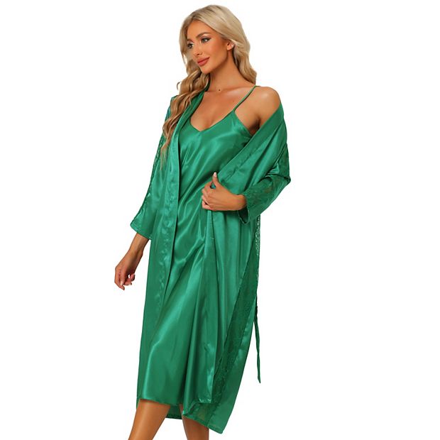 Women Satin Nightwear Robe And Nightgown Set Lace Long Sleeve