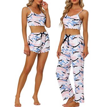 Womens Lounge Pjs 3 pc Sleepwear Crop Cami Tops with Shorts Bottoms Camisole Pajama Set