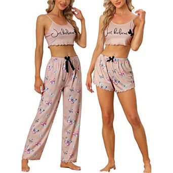 Womens Lounge Pjs 3 pc Sleepwear Crop Cami Tops with Shorts Bottoms Camisole Pajama Set