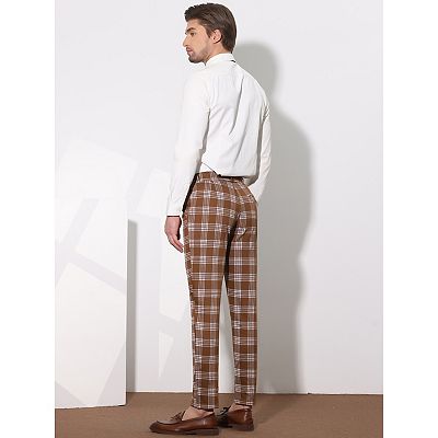 Men's Plaid Dress Pants Casual Slim Fit Flat Front Skinny Business
