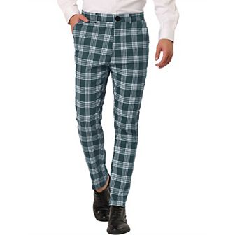 Men's Plaid Dress Pants Casual Slim Fit Flat Front Skinny Business Checked Plaid Pants