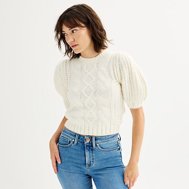 Women's Industry Short Puff Sleeve Cable Knit Sweater
