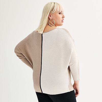 Plus Size Premise Boatneck Colorblock Pullover Sweater