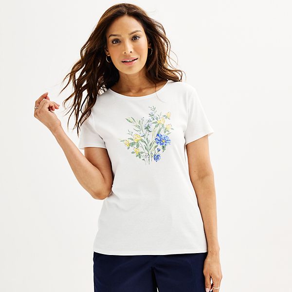 Womens Croft & Barrow® Essential Crewneck Tee - White Floral Graphic (SMALL)