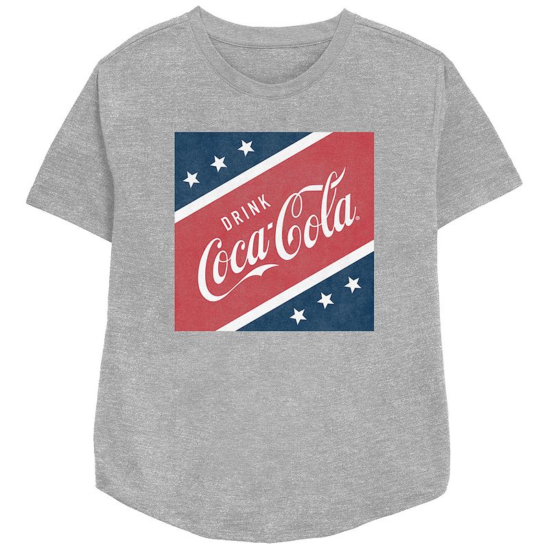 Women's Coca-Cola Stars and Stripes Square Relaxed Fit Graphic Tee, Girl's, Size: Medium, Athletic Grey