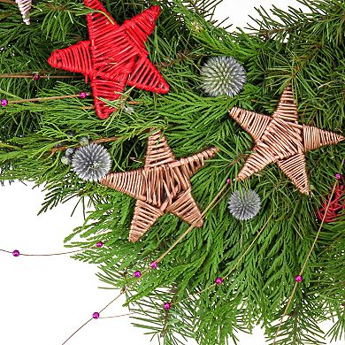 National Tree Company 22-in. Fresh Evergreens Artificial Wreath with Wicker Stars & Balls