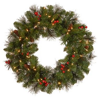 National Tree Company 24 in Crestwood® Spruce Artificial Wreath with Pine Cones, Red Berries & Twinkly™ Lights