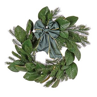 National Tree Company 24 in Christmas Magnolia Mix Pine Artificial Wreath with Fabric Bow & White LED Lights