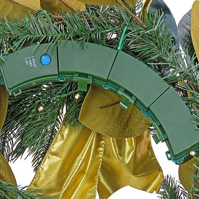 National Tree Company 24-in. Christmas Magnolia Mix Pine Artificial Wreath with Fabric Bow & White LED Lights