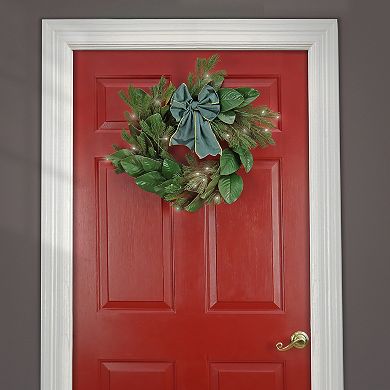 National Tree Company 24-in. Christmas Magnolia Mix Pine Artificial Wreath with Fabric Bow & White LED Lights