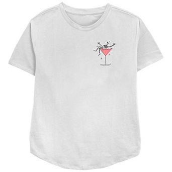 Women's Happy Hour Martini Skeleton Left Chest Relaxed Fit Graphic Tee