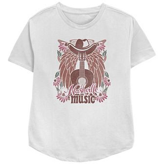 Women's Nashville Music Cowboy Hat Guitar Wings Flowers Relaxed Fit Graphic Tee