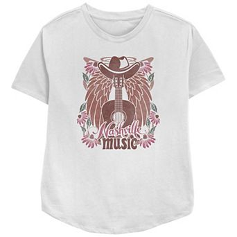 Women's Nashville Music Cowboy Hat Guitar Wings Flowers Relaxed Fit Graphic Tee