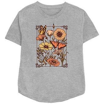 Women's Fall Flowers Butterfly Frame Relaxed Fit Graphic Tee