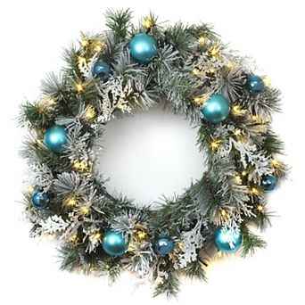 National Tree Company 24 in Snowy Tinkham Pine Artificial Wreath with Ornaments & White LED Lights