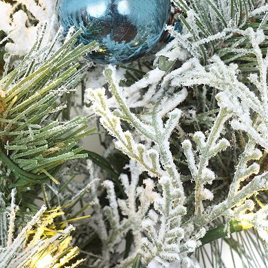 National Tree Company 24-in. Snowy Tinkham Pine Artificial Wreath with Ornaments & White LED Lights