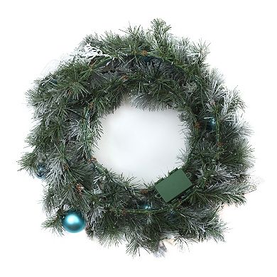 National Tree Company 24-in. Snowy Tinkham Pine Artificial Wreath with Ornaments & White LED Lights