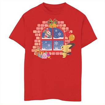 Boy's Pokemon Christmas Riachu Rowlet Snowy Window Tee