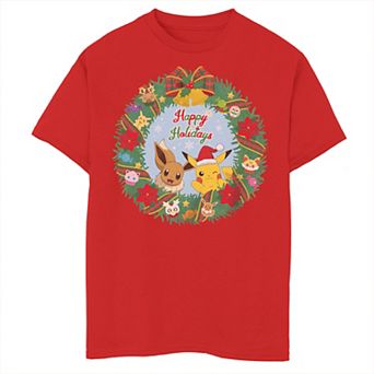 Boys 6-20 Pokemon Christmas Eevee Pikachu Wreath Tee