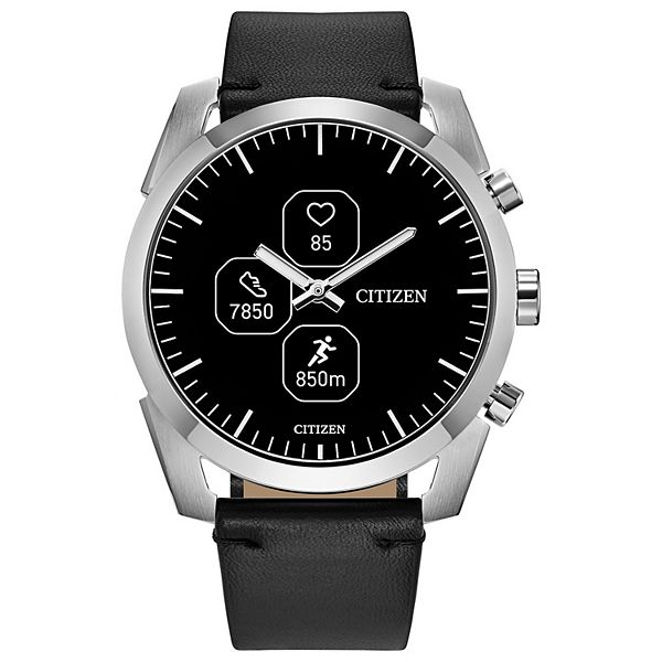 Citizen CZ Smart PQ2 Sport 42mm Hybrid Smartwatch Silver Stainless Steel Case and Black Leather Strap JX2010-04E