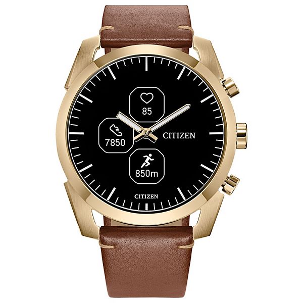 Citizen CZ Smart PQ2 Sport 42mm Hybrid Smartwatch Gold IP Case and Brown Leather Strap JX2012-09E