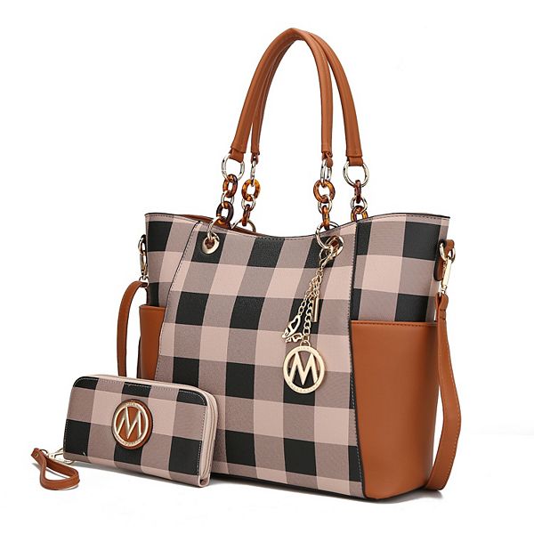 MKF Collection Mariely Checker Womens Tote Handbag & Wallet Set by Mia K - Cognac Brown