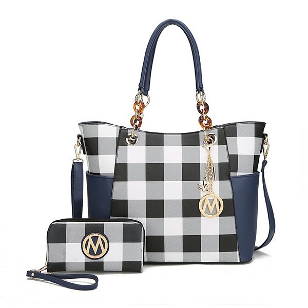 MKF Collection Mariely Checker Womens Tote Handbag & Wallet Set by Mia K - Navy