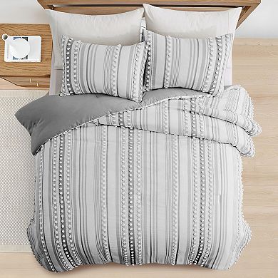 Unikome All Season Ultra Soft Striped and Ball Pom Down Alternative Comforter Set with Shams
