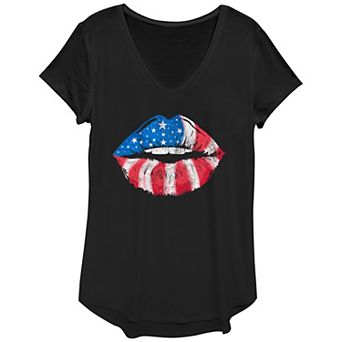 Women's Trendy American Flag Lips Graphic Tee