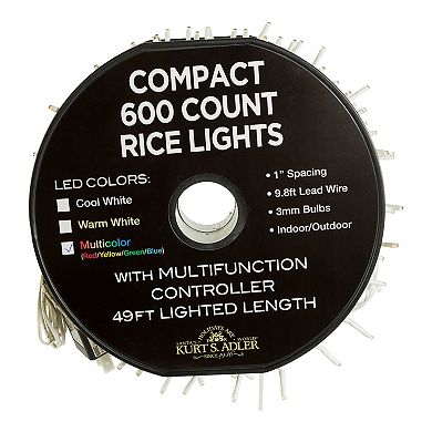 Kurt Adler 600-Light 49.2-Foot Multicolored LED White Wire Rice Light Set