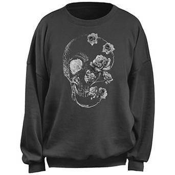Juniors' Floral Skull Oversized Graphic Sweatshirt