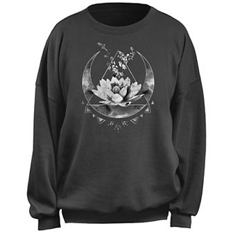 Juniors' Lotus Sitting On Crescent Moon Monotone Graphic Sweatshirt