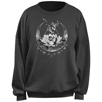 Juniors' Lotus Sitting On Crescent Moon Monotone Graphic Sweatshirt