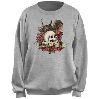 Juniors' Rock & Roll Skull Dragon Flowers Fleece Pullover