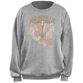Juniors' Nashville Music City Guitar Wings Flowers Rainbow Fleece Pullover