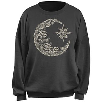 Juniors' Chin Up Cresent Moon Lace Pattern Fleece Pullover