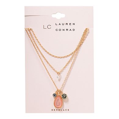 LC Lauren Conrad Gold Tone Peach, Gray, & Pink Crystal Triple-Strand Cluster Pendant Necklace