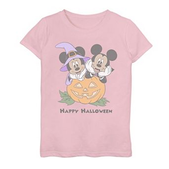 Girls Mickey Mouse And Minnie Happy Halloween Pumpkin Graphic Tee