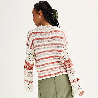 Juniors' SO® Mixed Stitch Crochet & Stripe Crewneck Sweater