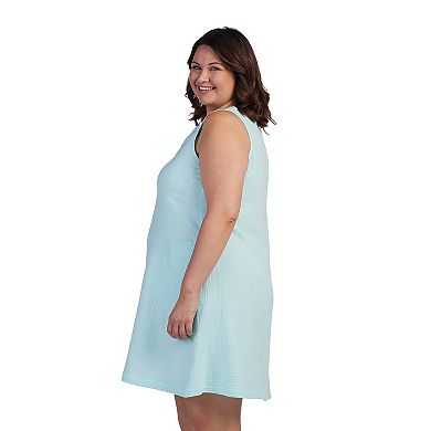 Plus Size Miss Elaine Essentials Crinkle Gauze Sleeveless Notch Neck Short Nightgown