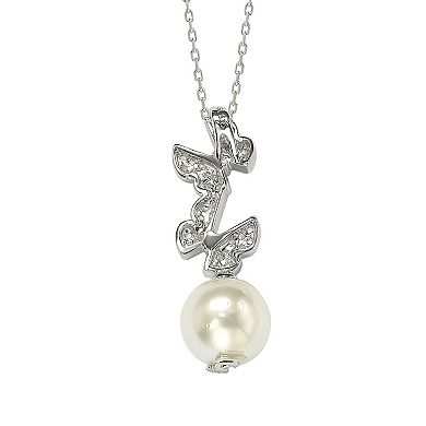 SLNY Sterling Silver Freshwater Cultured Pearl & White Sapphire Butterfly Pendant Necklace