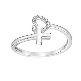 Gemminded Sterling Silver Diamond Accent Heart & Cross Ring