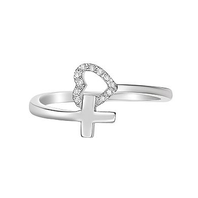 Gemminded Sterling Silver Diamond Accent Heart & Cross Ring