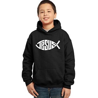 Christian Jesus Name Fish Symbol - Boy's Word Art Hooded Sweatshirt