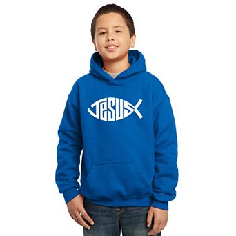 Christian Jesus Name Fish Symbol - Boy's Word Art Hooded Sweatshirt