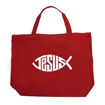 Large Word Art Tote Bag - Christian Jesus Name Fish Symbol